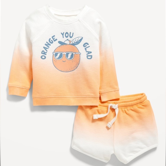 NWOT OLD NAVY ORANGE AND WHITE CREWNECK AND SHORT SET SIZE 12-18MO - Picture 1 of 12